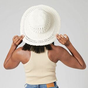 New Natural Cotton White Crochet Structured Floppy 4" Wide Brim Hat In Linen